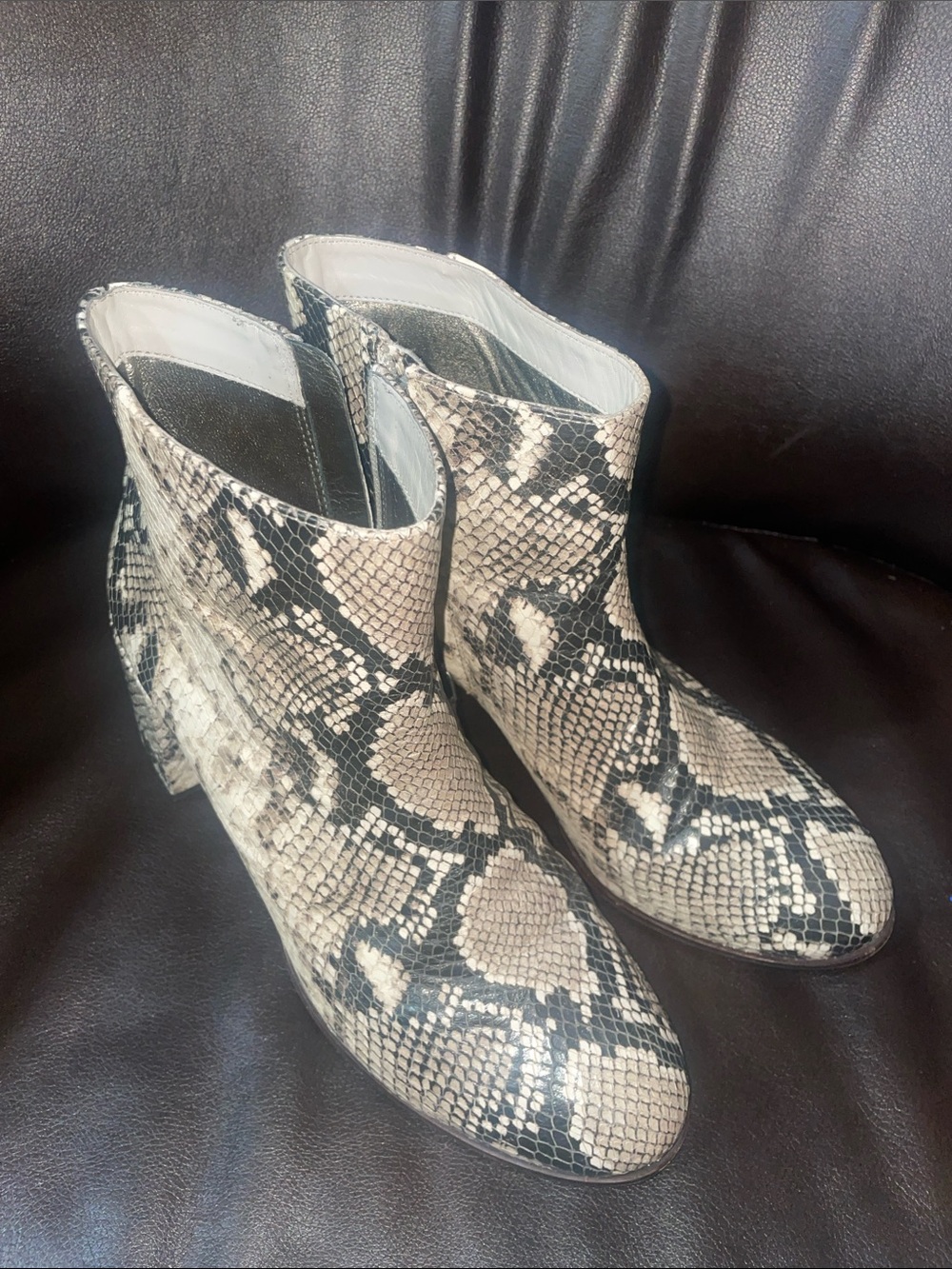 Snake-Print Ankle Booties in Beige and Black